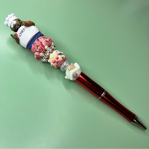 Chef Repurposed South Park Figure Beaded Pen with Red Accents Flowers Cherries - Picture 4 of 5
